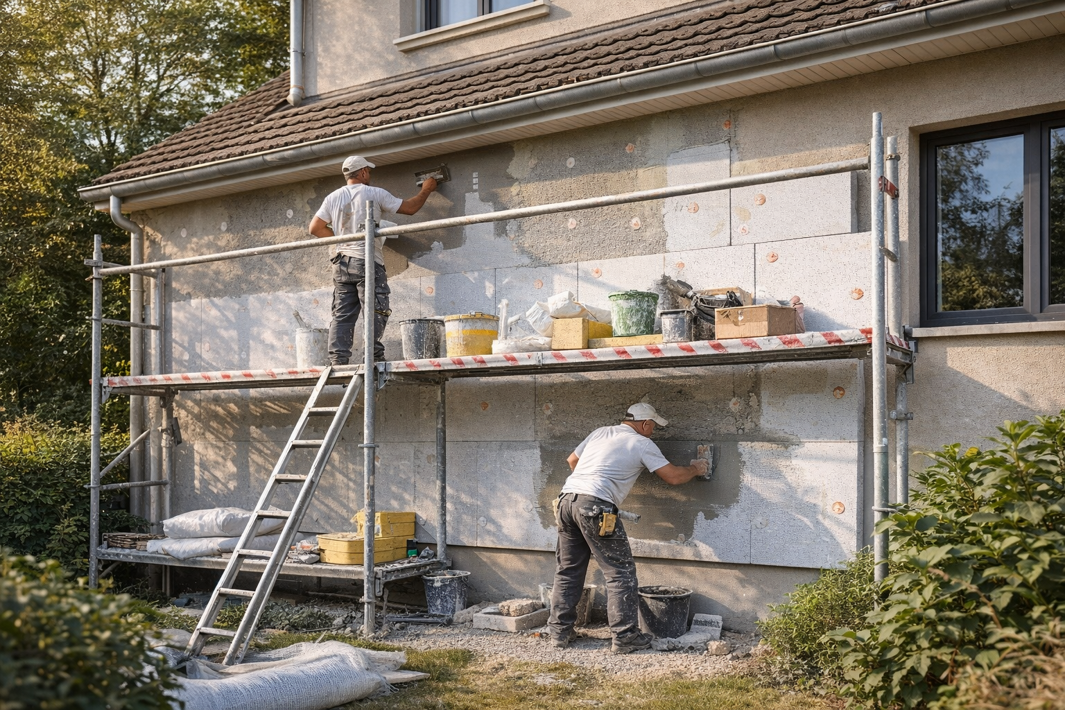 Travaux d’isolation thermique par l’extérieur sur façade de maison individuelle