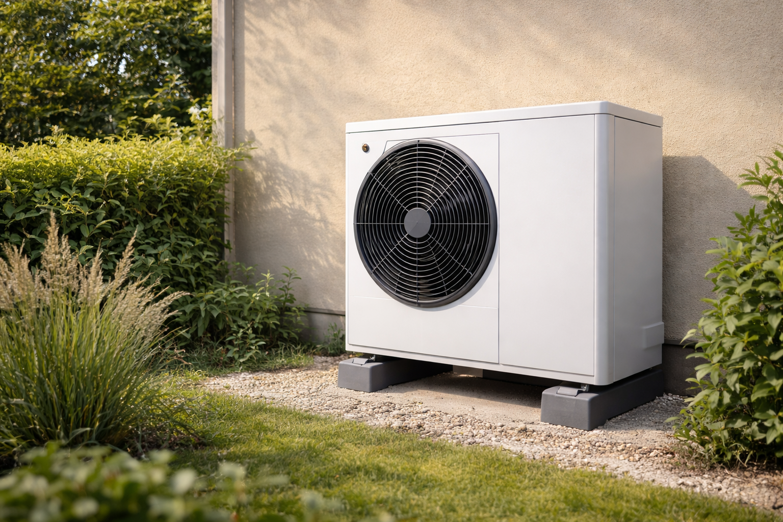 Pompe à chaleur installée à l’extérieur d’une maison individuelle